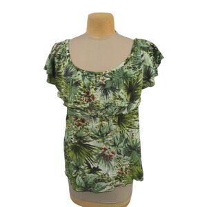 Serendipity Maui Blouse Women 1X Green Tropical Floral Ruffle Top Vacation Beach